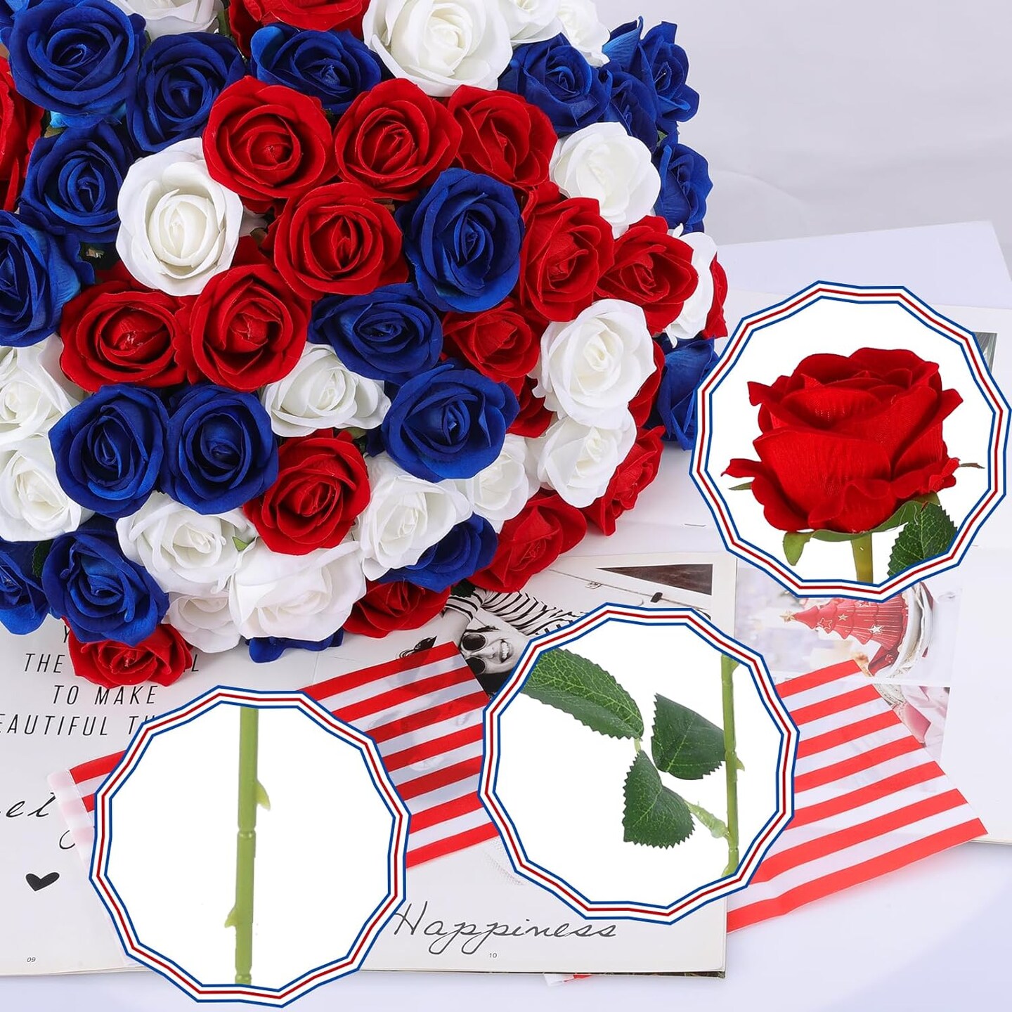Patriotic 4th of July Artificial Roses in Red, White, Blue
