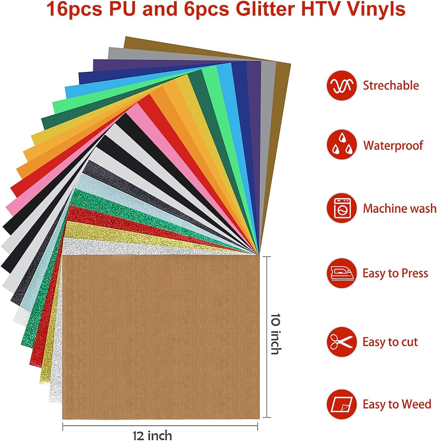 Iron on Vinyl Heat Transfer Vinyl 22 Pack Includes 16 Pack Assorted Colors Sheets and 6 Pack Glitter Sheets for T-Shirts Works with Cricut, Silhouette Cameo&#xFF08;10in x 12in&#xFF09;