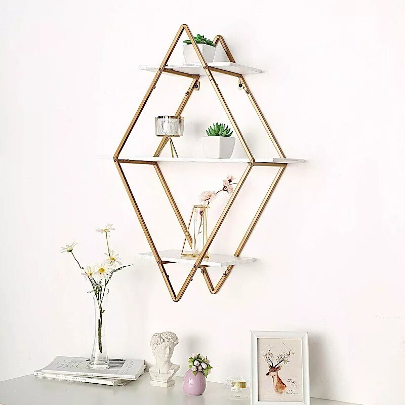 WHITE GOLD 31&#x22; Diamond 3 Tier Metal Wood Geometric HANGING SHELF