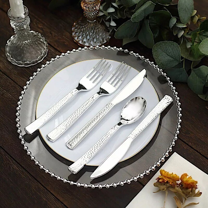 SILVER 24 Hammered Design 7&#x22; Plastic CUTLERY Spoons Forks