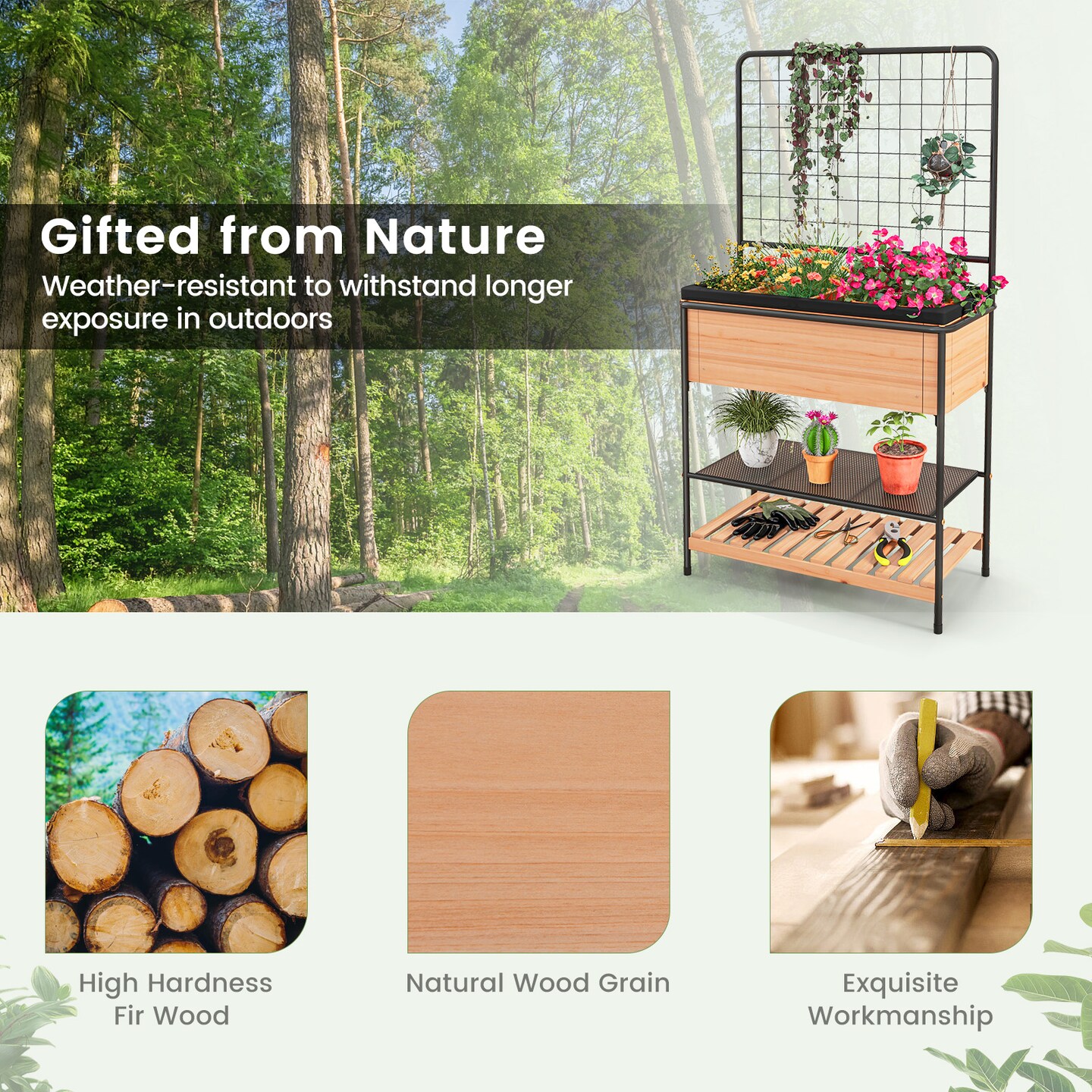 Raised Garden Bed With Trellis 2-tier Storage Shelves-Natural