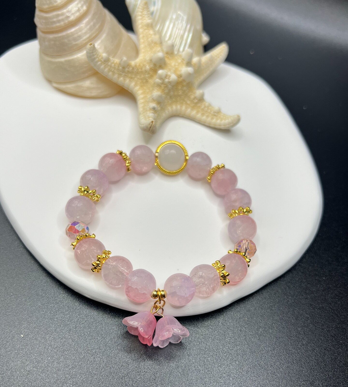 Colored Glazed Glass Beads Bracelet, Elastic Bracelet with Flower