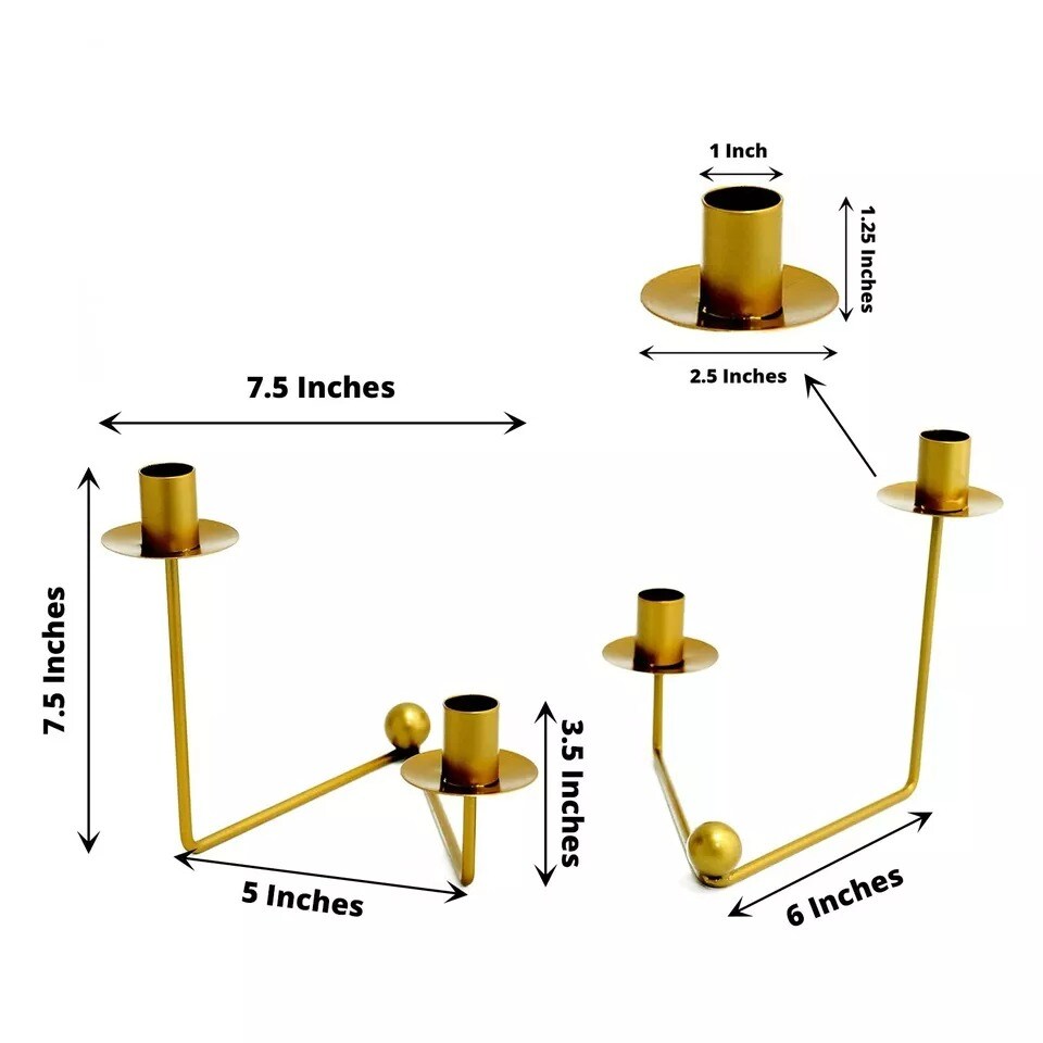 2 GOLD 2 arm Geometric Candelabra CANDLE HOLDERS V-Shaped Base