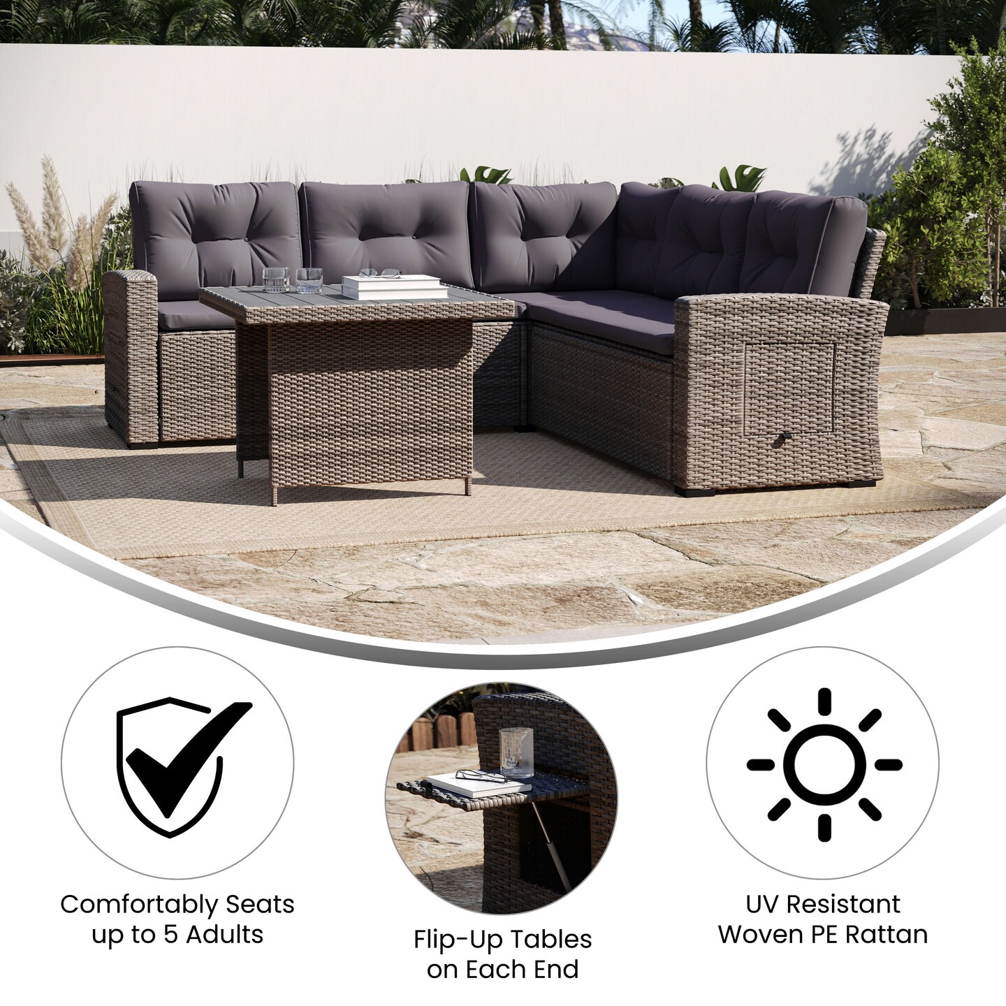 Merrick Lane Shelton Indoor/Outdoor L-Shaped Sofa/Dining Table Conversation Set with Wicker Rattan Construction and Weather-Resistant Cushions
