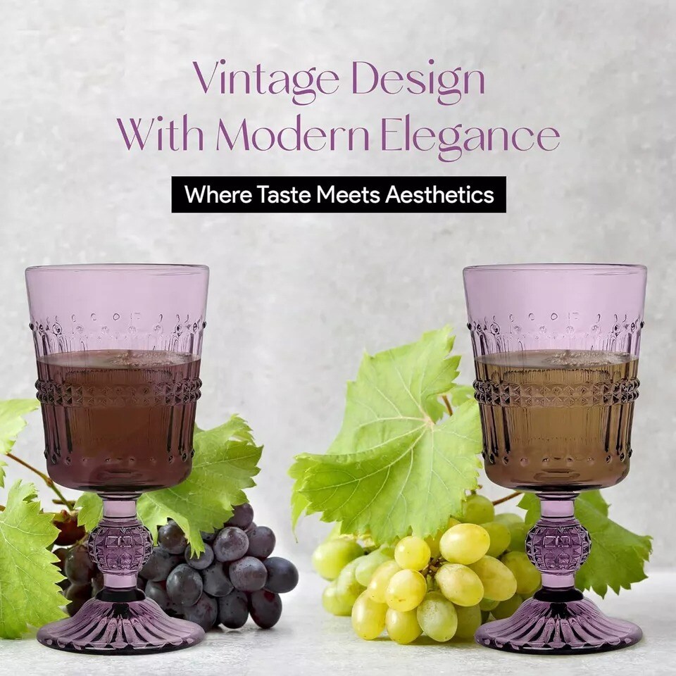 American Atelier Vintage Beaded Wine Glasses, Set of 4, 9 Oz Capacity - Purple