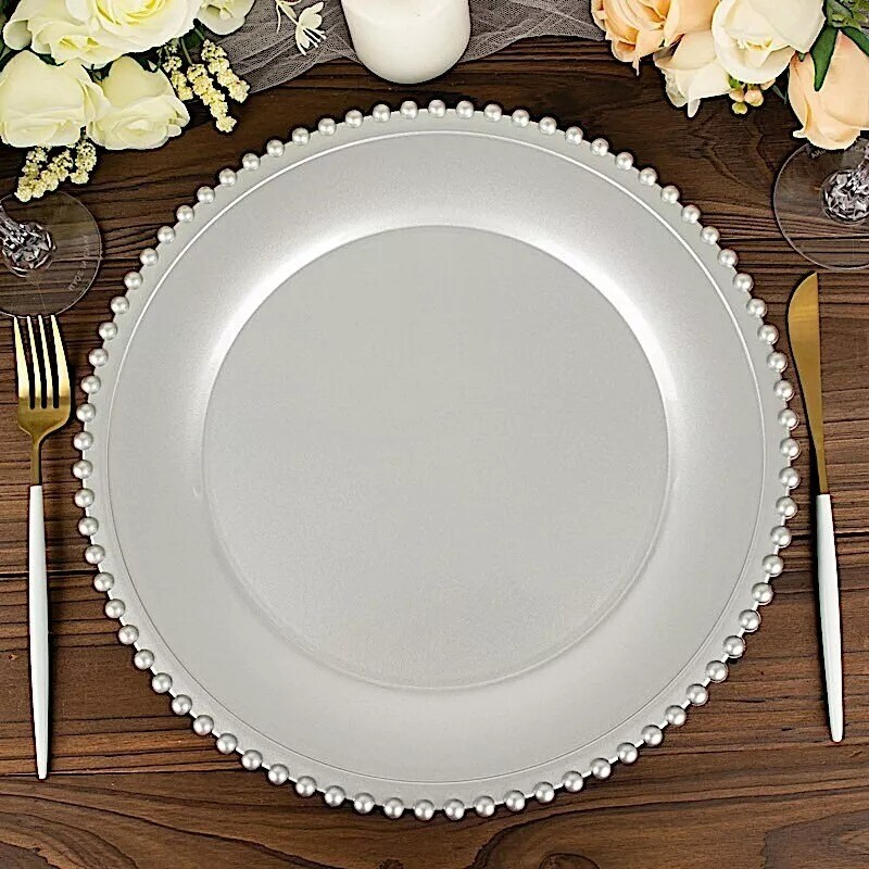 24 Silver 12&#x22; Round Beaded Rim Charger Plates