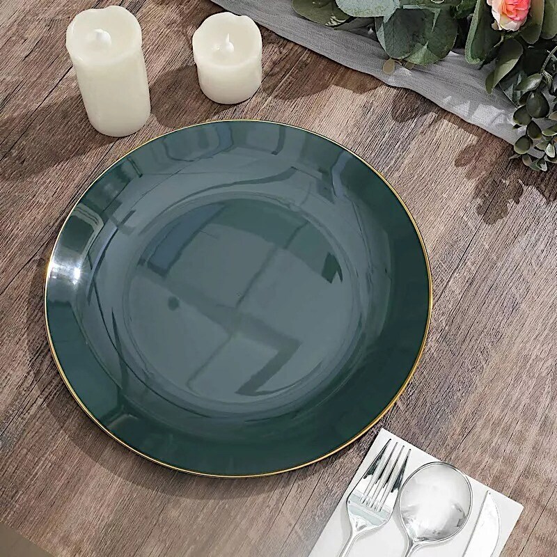 HUNTER GREEN 10 Glossy 10" Round Plastic Salad PLATES Gold Rim