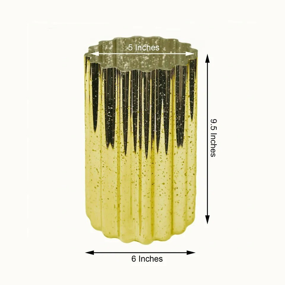 GOLD 9&#x22; Wavy Design Mercury GLASS Hurricane CANDLE HOLDER