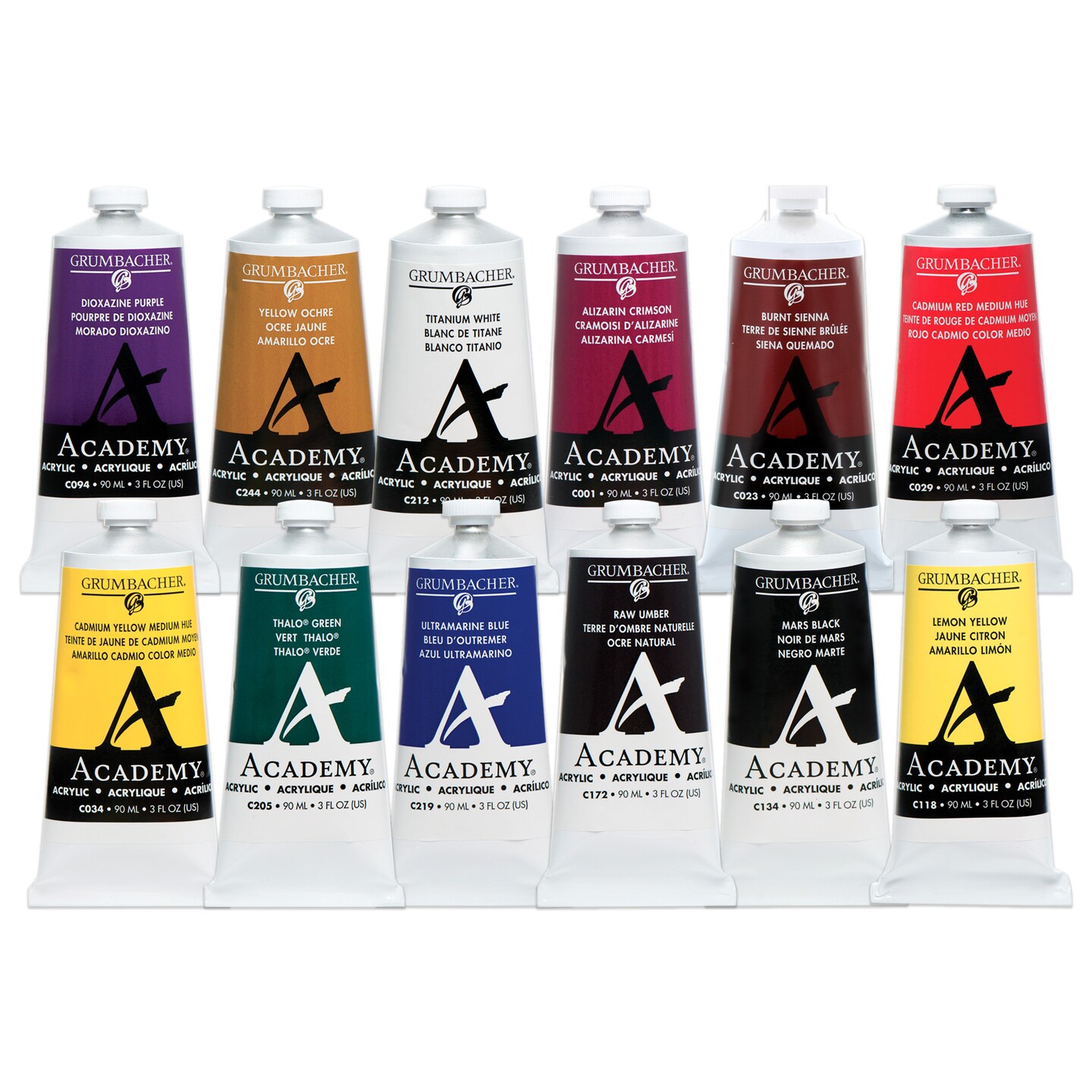 Grumbacher Academy Professional Acrylic Paint Set of 12 - 90ml Multi Colors - Artist Grade Acrylic Paint Set with Premium Pigments, Semi-Gloss Sheen, ASTM Lightfast Rating 1
