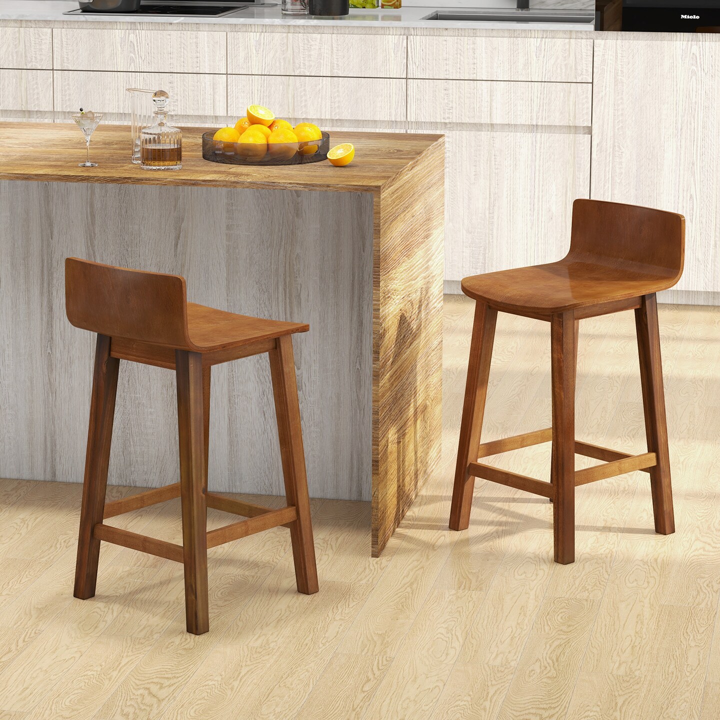 Mid Century Counter Height Bar Stools Set of 2 Solid Wood Seat with Backrest Brown