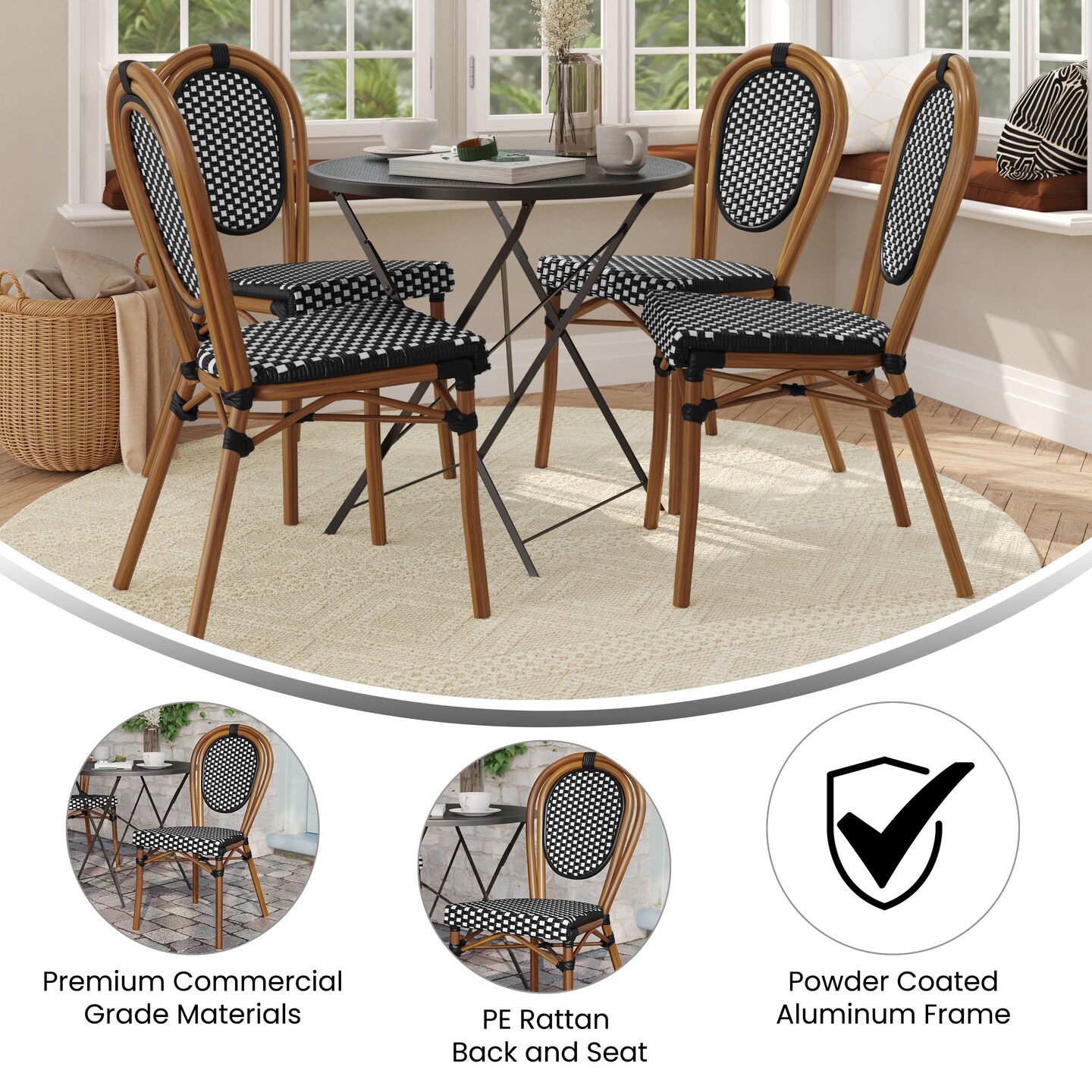 Merrick Lane Celia Set of Four Stacking Thonet Bistro Style Chair, PE Rattan Seat, and Metal Frame for Indoor/Outdoor Use