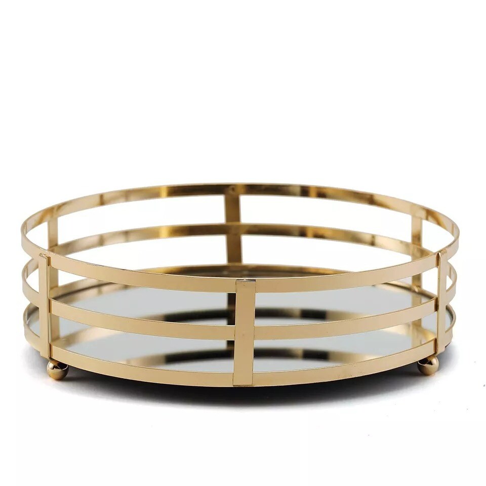 2 GOLD Metal Round Mirror Serving Trays