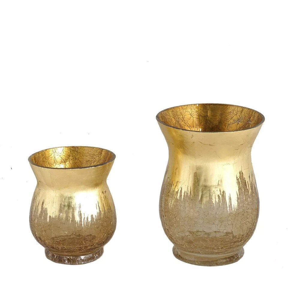 4 GOLD 6&#x22; tall Crackle Glass Candle Holders Vases