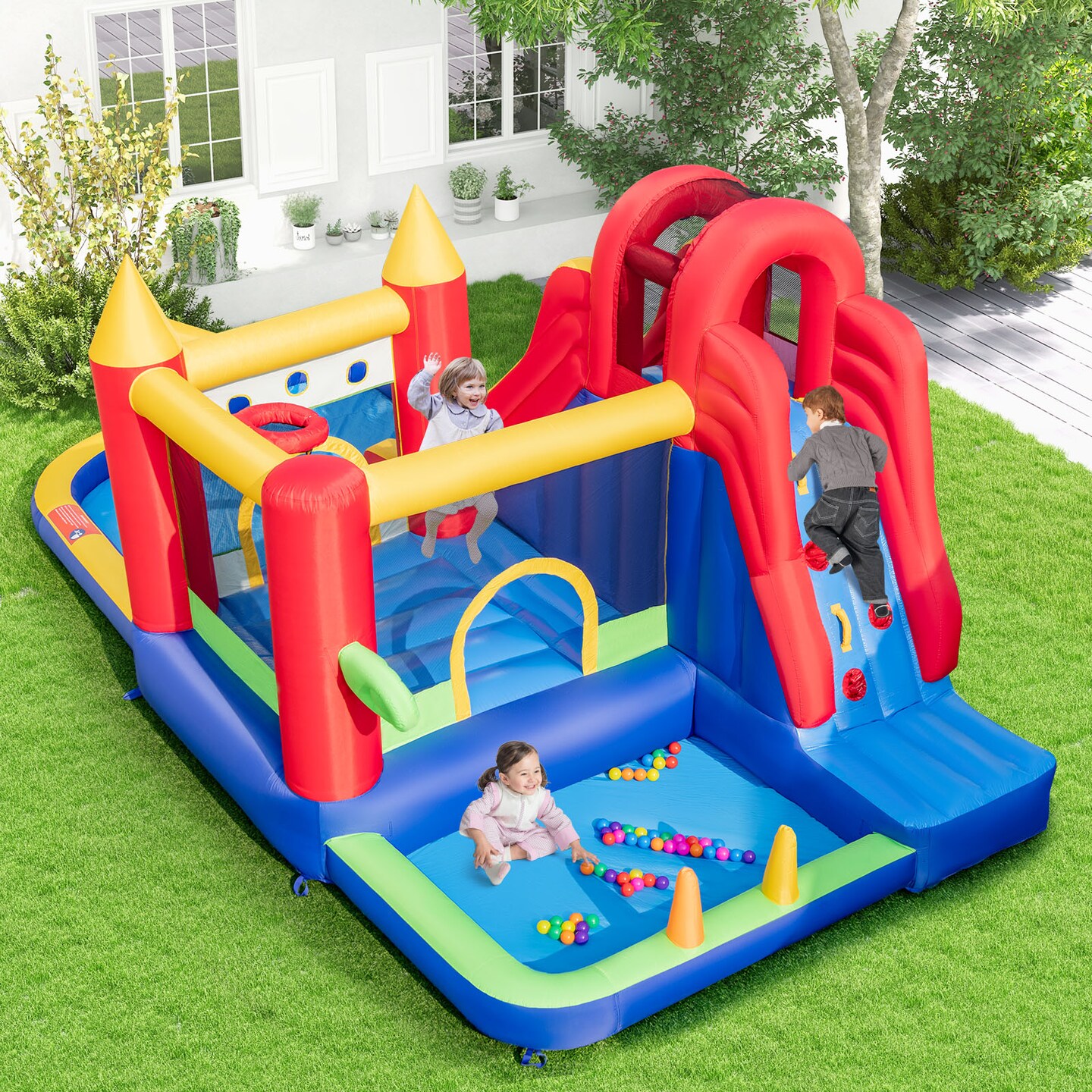 Inflatable Water Slide Bounce House with Splash Pool Ball Pit Climbing Wall