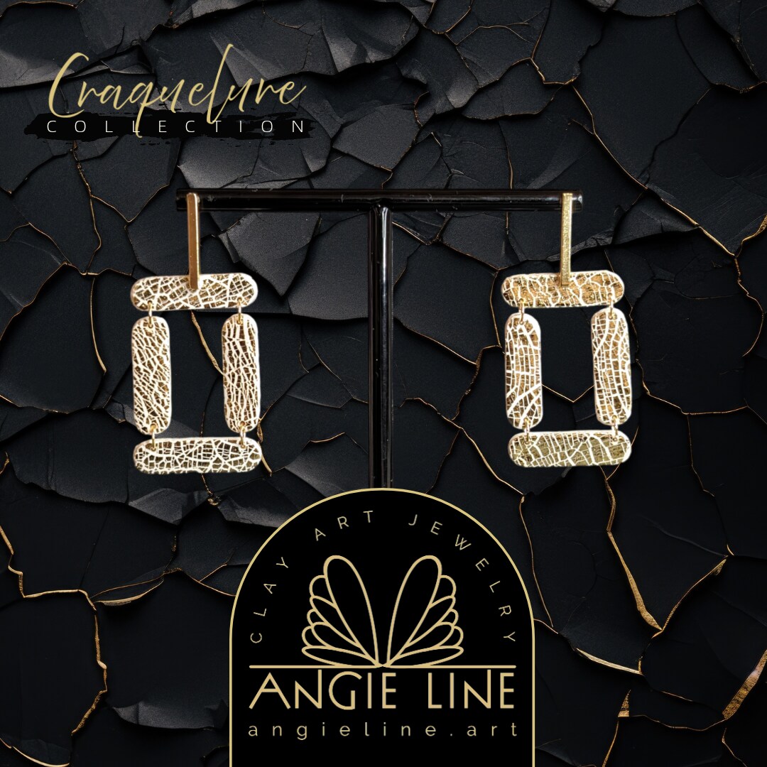 Ivory Rectangle Cracked Gold Earrings | Craquelure Collection - Angie Line Polymer Clay Jewelry 338110144265388032