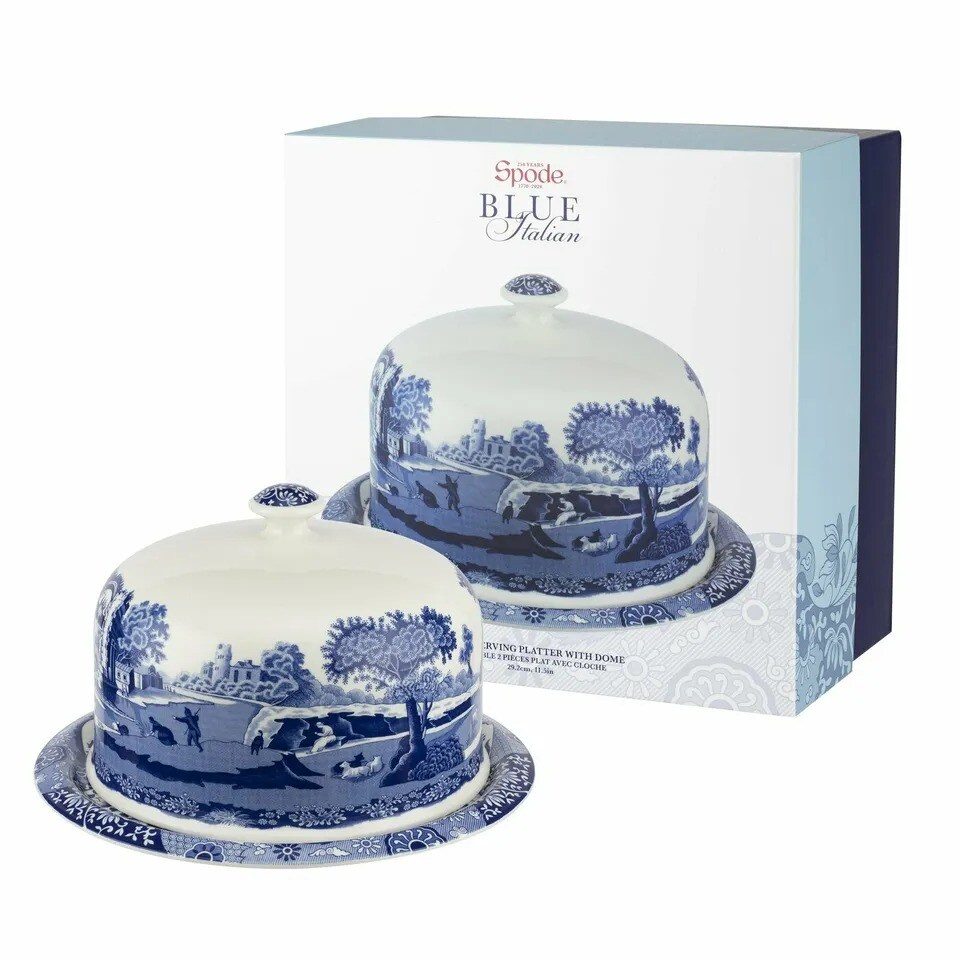 Spode Blue Italian 2 Piece Porcelain 11.5" Serving Platter with 9" Dome