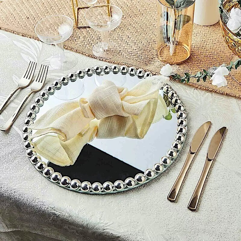 2 SILVER 13&#x22; Round Mirror Glass Charger Plates with Pearl Rim