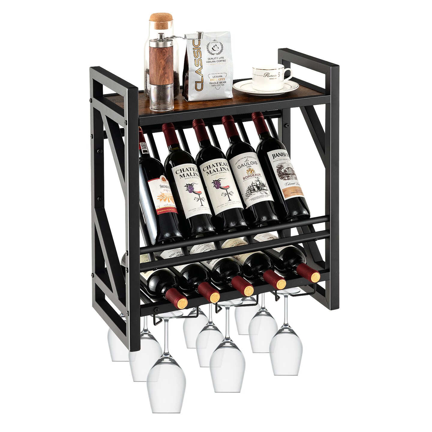 10 Bottles Wall Mounted Wine Rack With Glass Holder