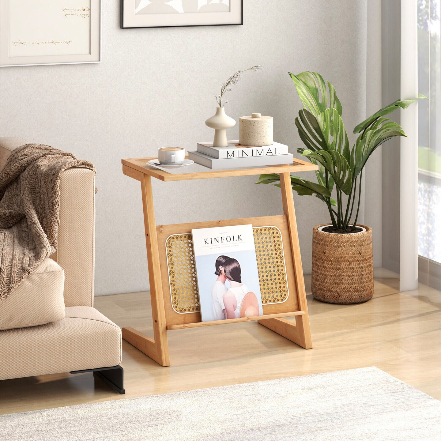 Z-shaped End Table With Magazine Rack And Rattan Shelf