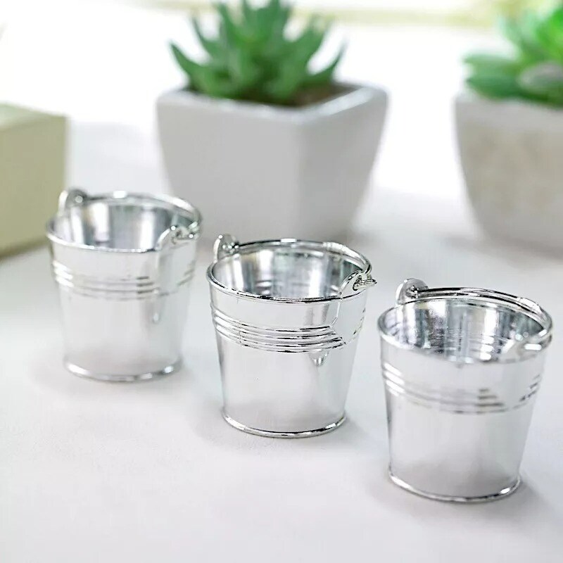 12 SILVER 2" Mini Pail Bucket Planter Wedding Party Favor GIFT HOLDERS