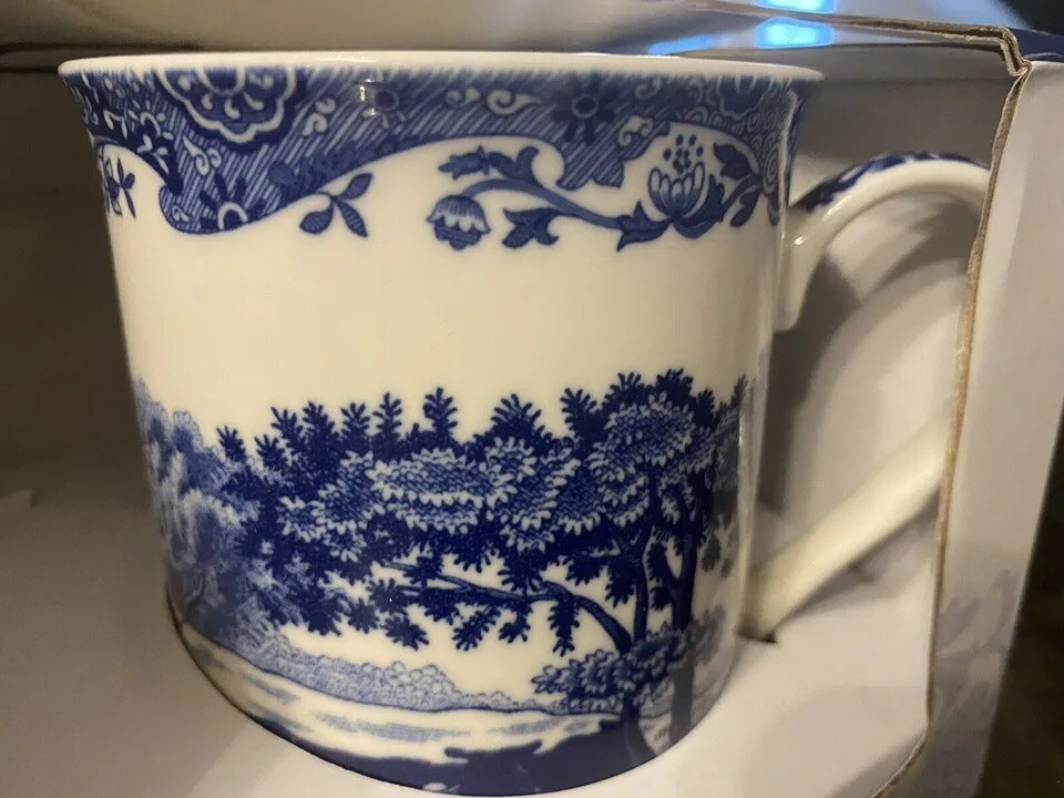 Spode Blue Italian Mug &#x26; Coaster Set 12 Oz, Large Handle, Made of Fine Porcelain
