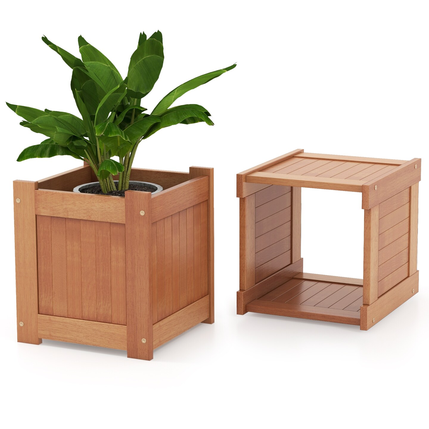Outdoor Wooden Planter Box with Bench Raised Garden Bed Planter Natural