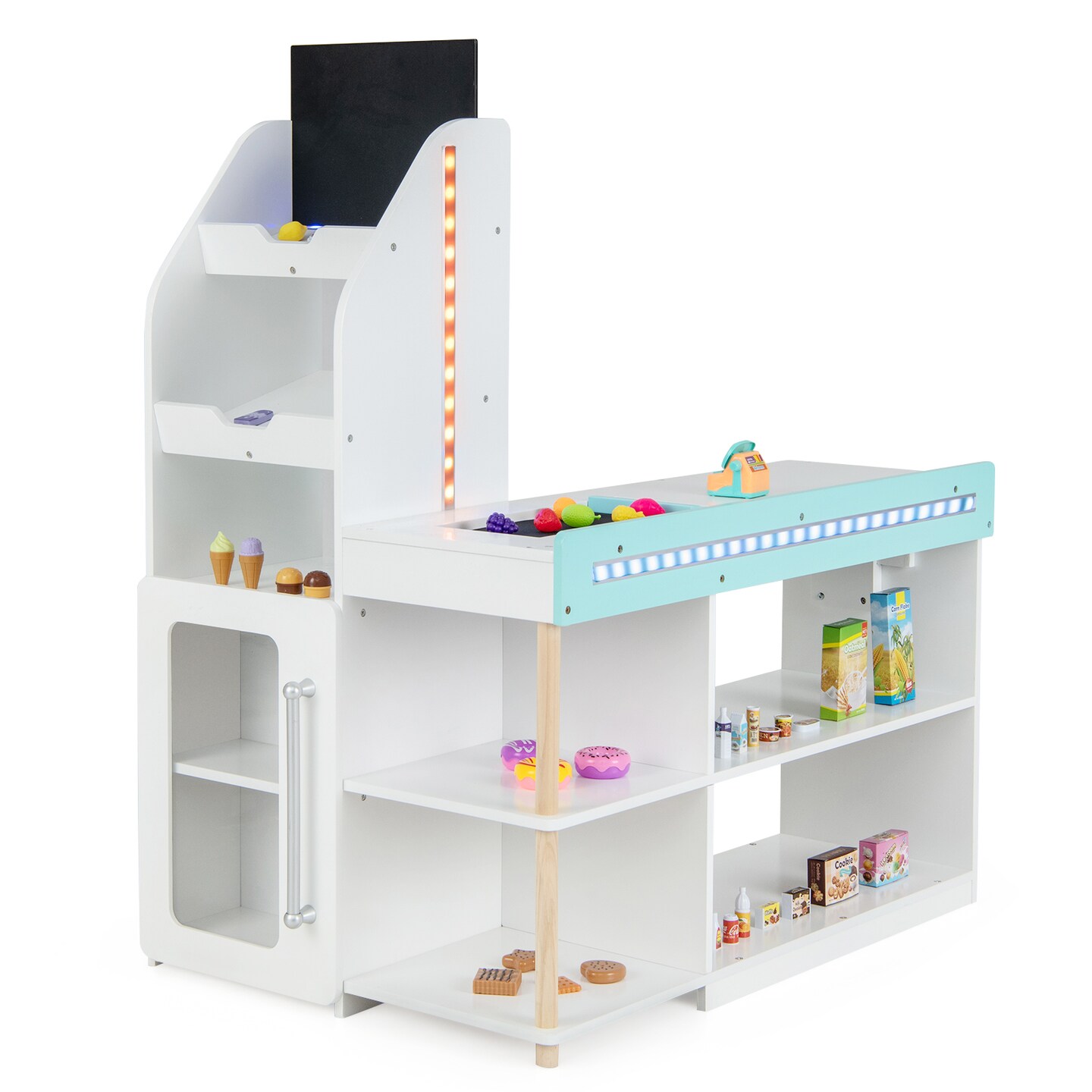 Wooden Kids Supermarket Playset With Cash Register And Shopping Cart-white
