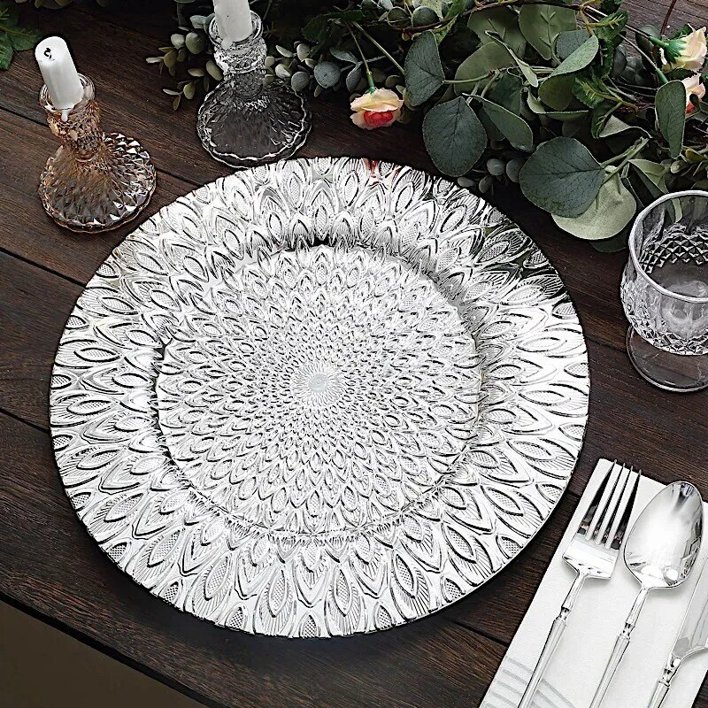 SILVER 6 Plastic 13" Round CHARGER PLATES Embossed Peacock Pattern