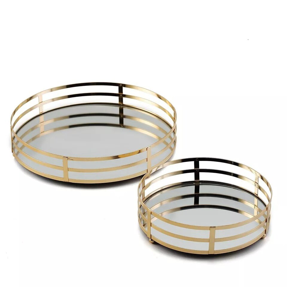 2 GOLD Metal Round Mirror Serving Trays
