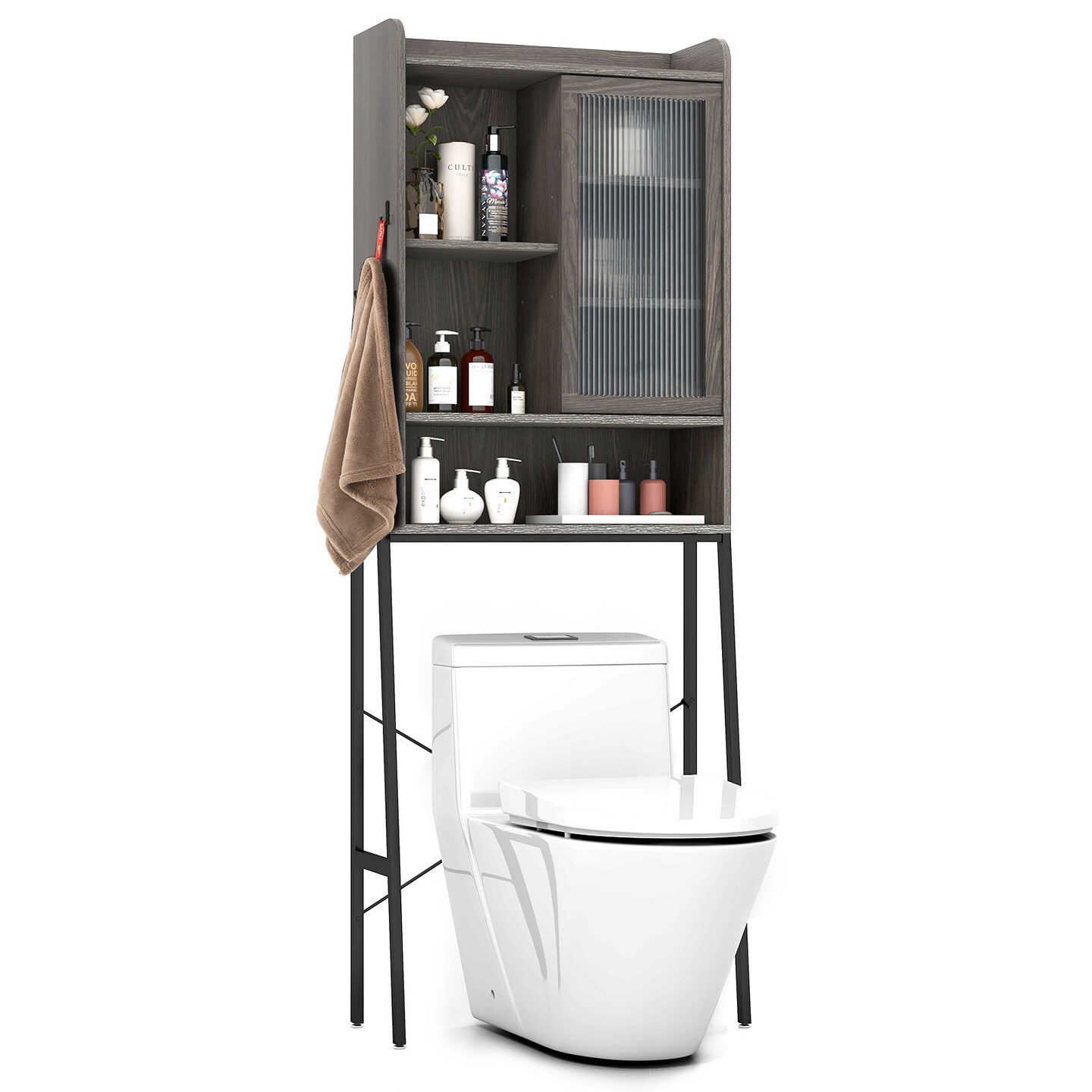 Over The Toilet Storage Cabinet With Sliding Acrylic Door And Adjustable Shelves-Gray