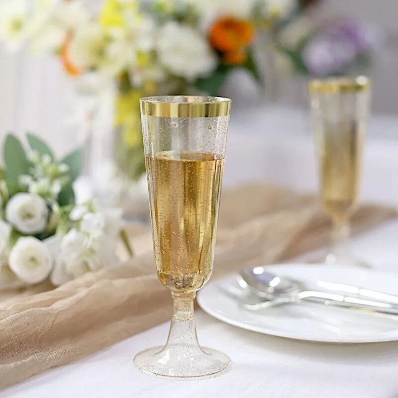 12 Clear 6 oz Glittered Plastic Flutes Champagne Glasses