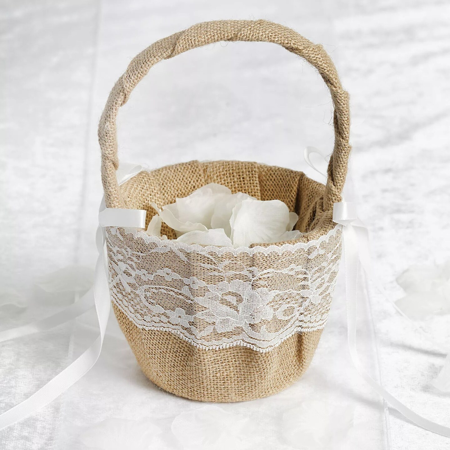 Natural Burlap with Satin Ribbon Lace Flower Girl Basket