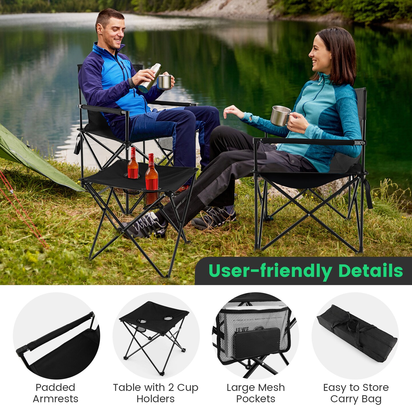 Black Folding Camping Chair Set 2 Chairs 1 Table 400 lbs Capacity with Cup Holder