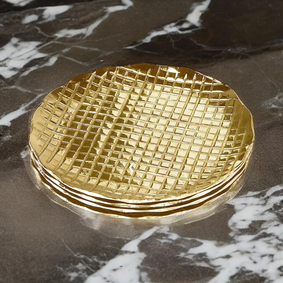 American Atelier Glass Coasters, Set of 4, Round, Check Pattern, Gold, 4.52&#x22;