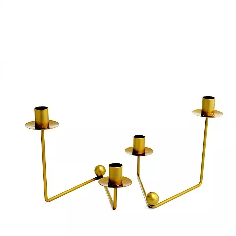 2 GOLD 2 arm Geometric Candelabra CANDLE HOLDERS V-Shaped Base