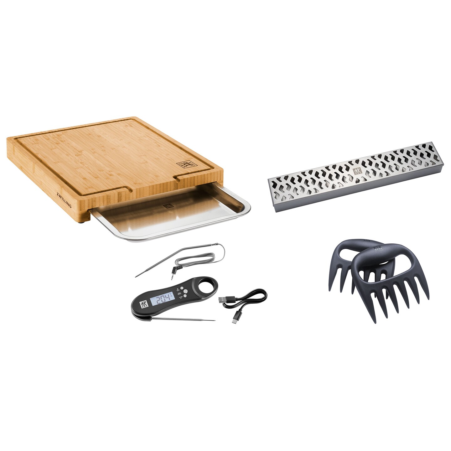 ZWILLING BBQ+ 4-pc Grill Smoker Set, Bamboo Cutting Board with Tray, Smoker Box, Digital Thermometer, Meat Claws