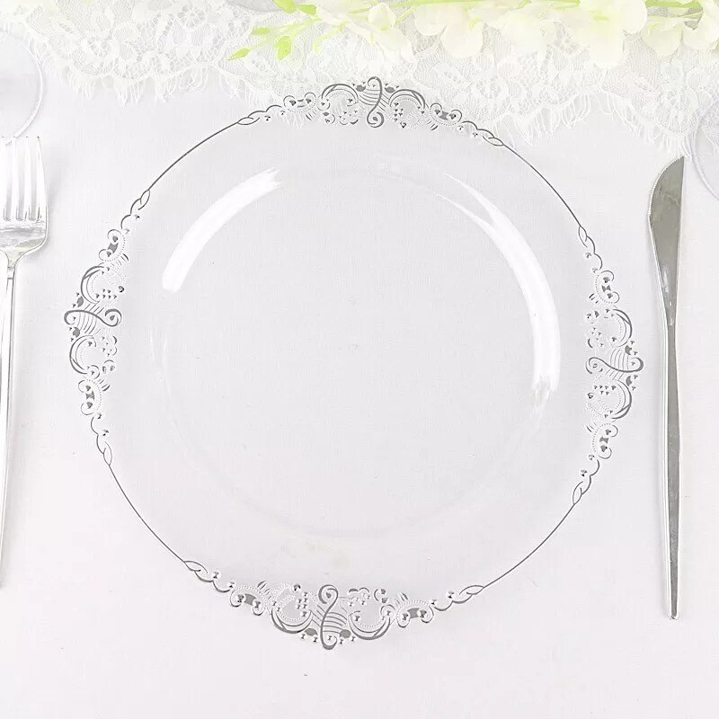 10 CLEAR SILVER 10&#x22; Round Plastic Salad Dinner PLATES Embossed Baroque Rim