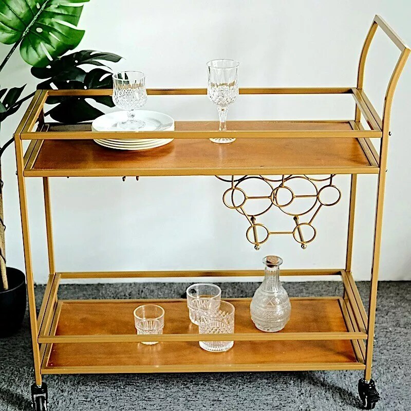 GOLD 3ft tall 2-Tier Rectangular Metal Bar Cart Wooden Serving Trays