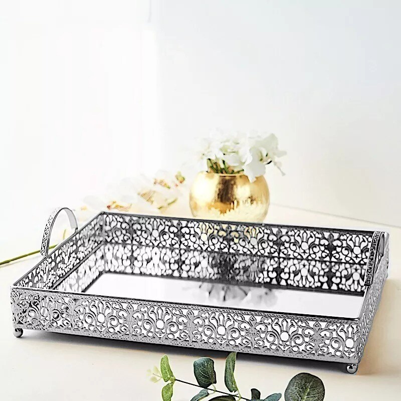 16&#x22; tall SILVER Metal Rectangular Rim Mirror Serving Tray Party