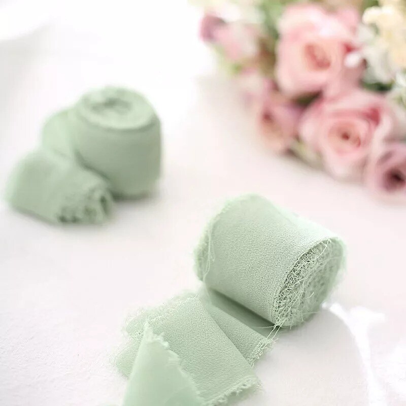 2 GREEN 1.5&#x22; x 6 yards Chiffon RIBBON Rolls Wedding Party Crafts