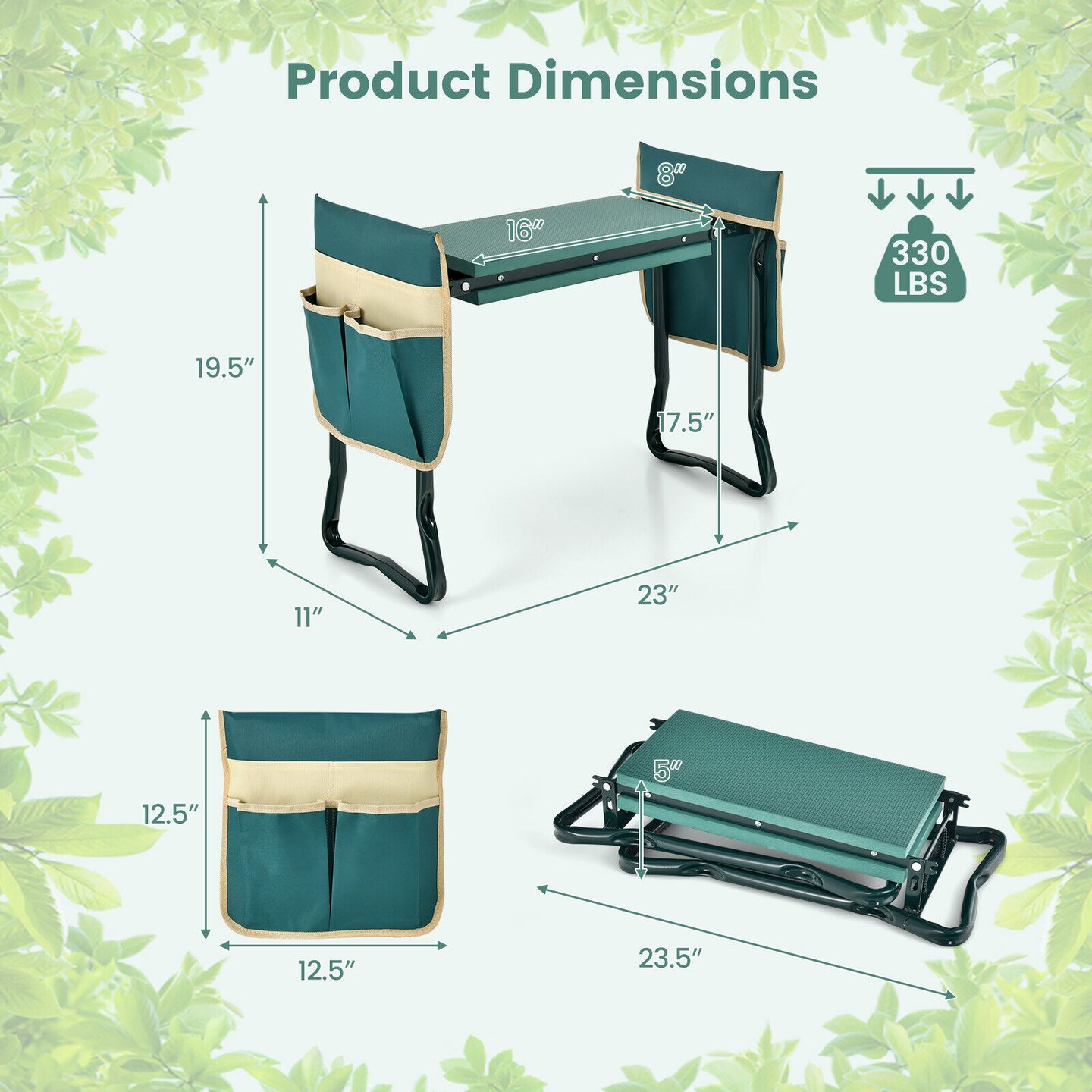 Garden Kneeler Seat Foldable Foam Cushion Steel Frame with Pouches Green