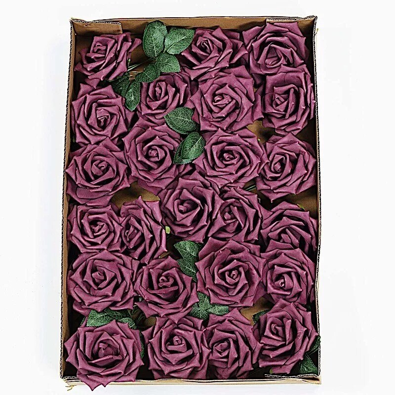 24 Eggplant 5&#x22; FOAM ROSE Flowers Stems Party Wedding Events