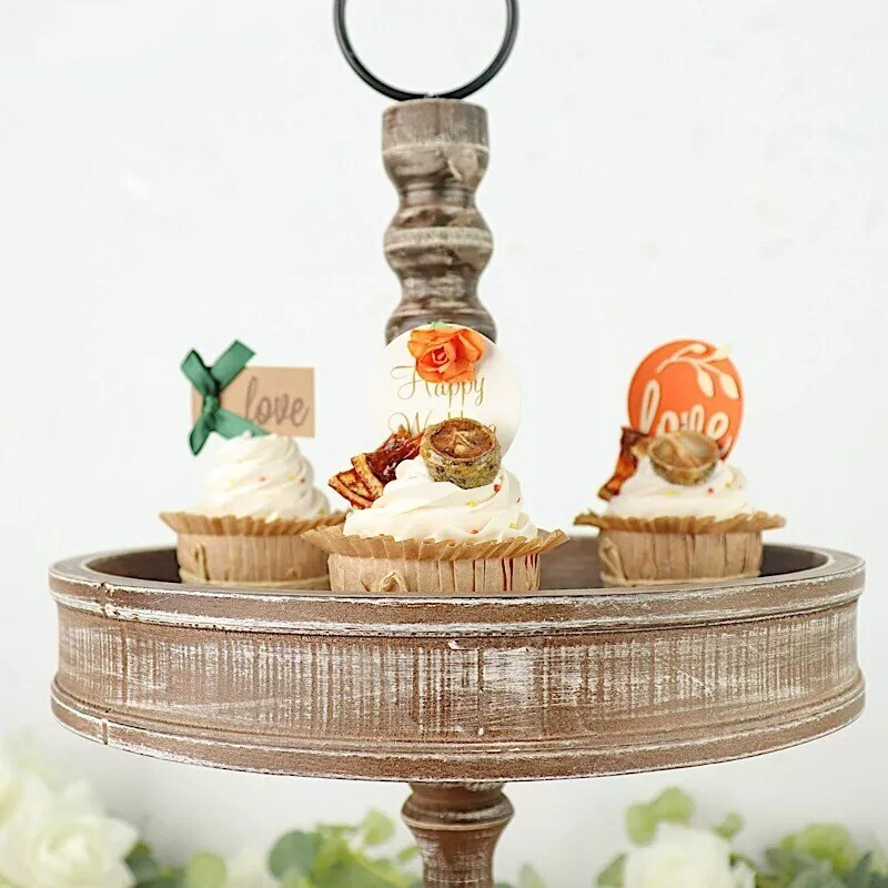 BROWN 20&#x22; Round 2 Tier Wooden CUPCAKE STAND Dessert Serving Tray