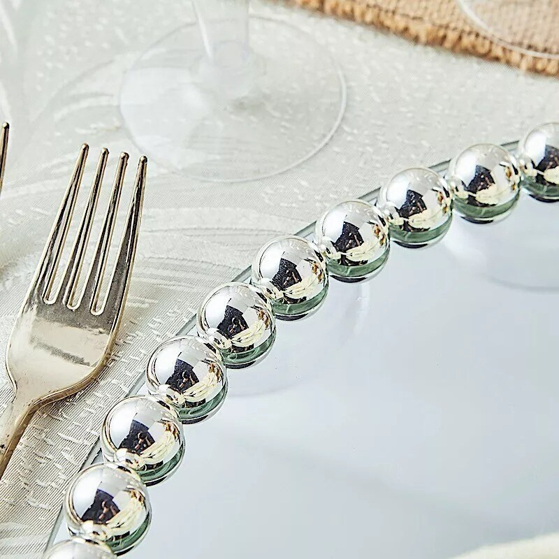 2 SILVER 13&#x22; Round Mirror Glass Charger Plates with Pearl Rim