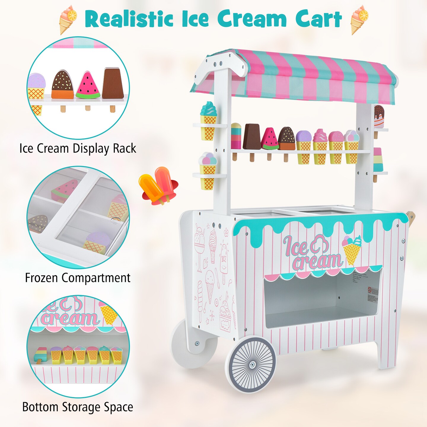 Kid&#x27;s Ice Cream Cart Playset With Display Rack And Accessories