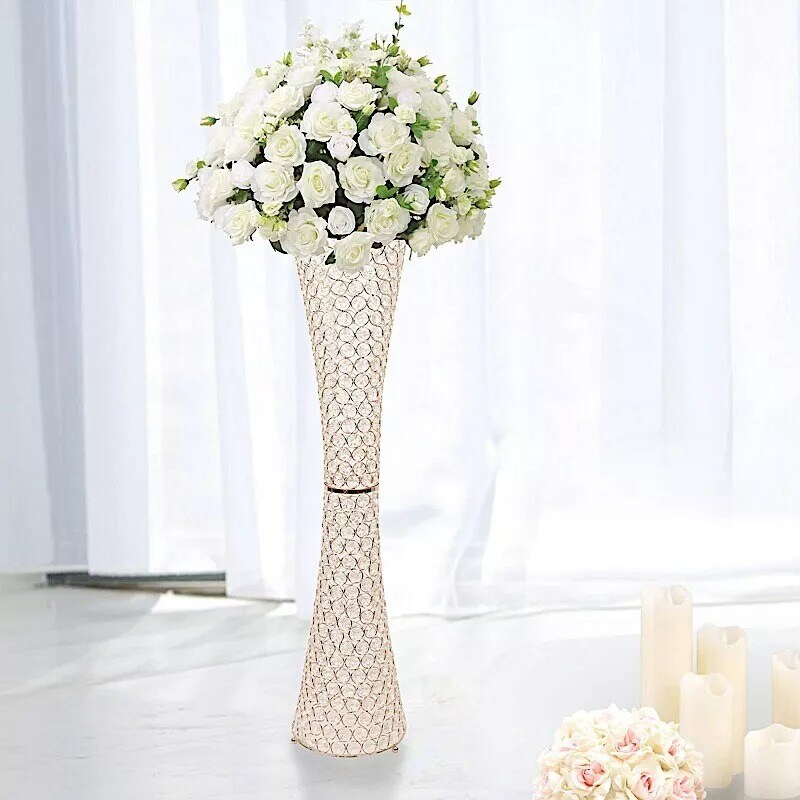36" Gold Metal Crystal Beads Hurricane Flower Vase Centerpiece