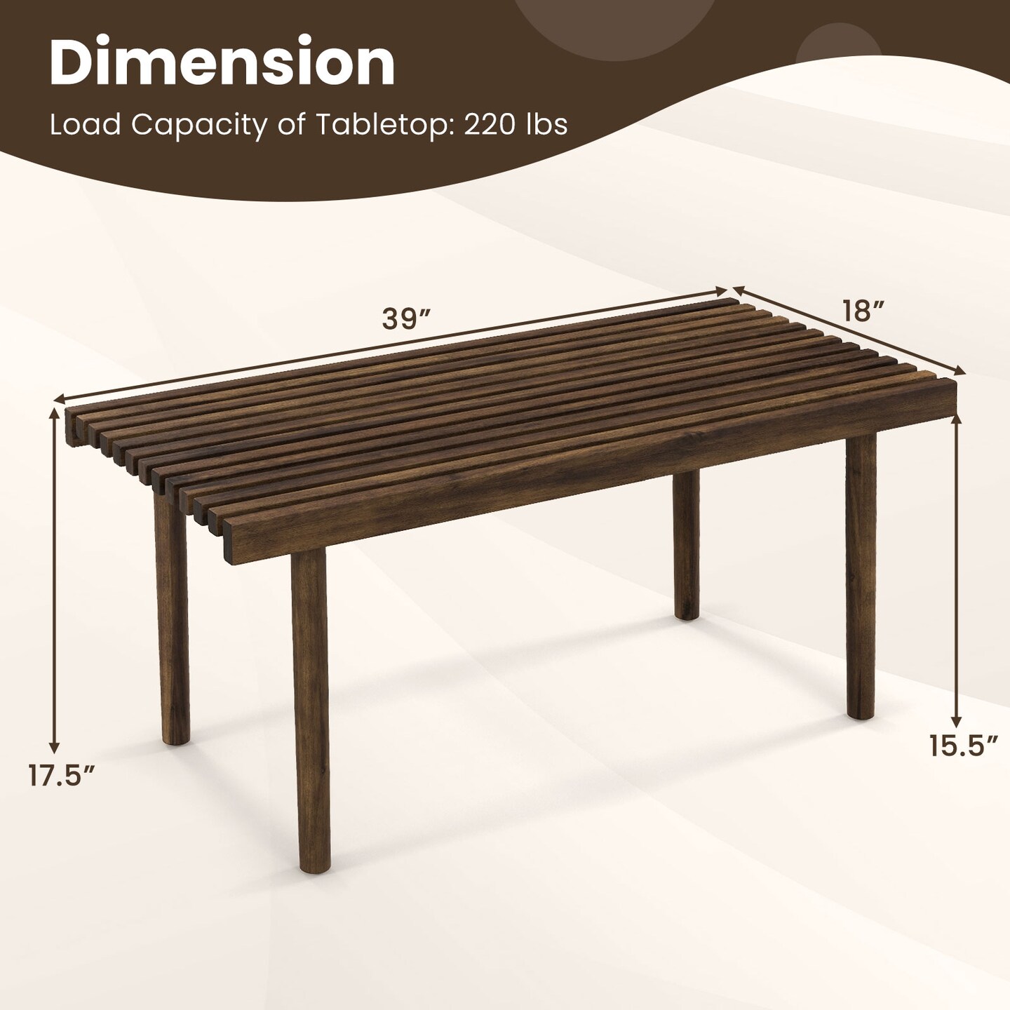 39 Inch Coffee Table With Slatted Tabletop For Living Room &#x26; Reception Room