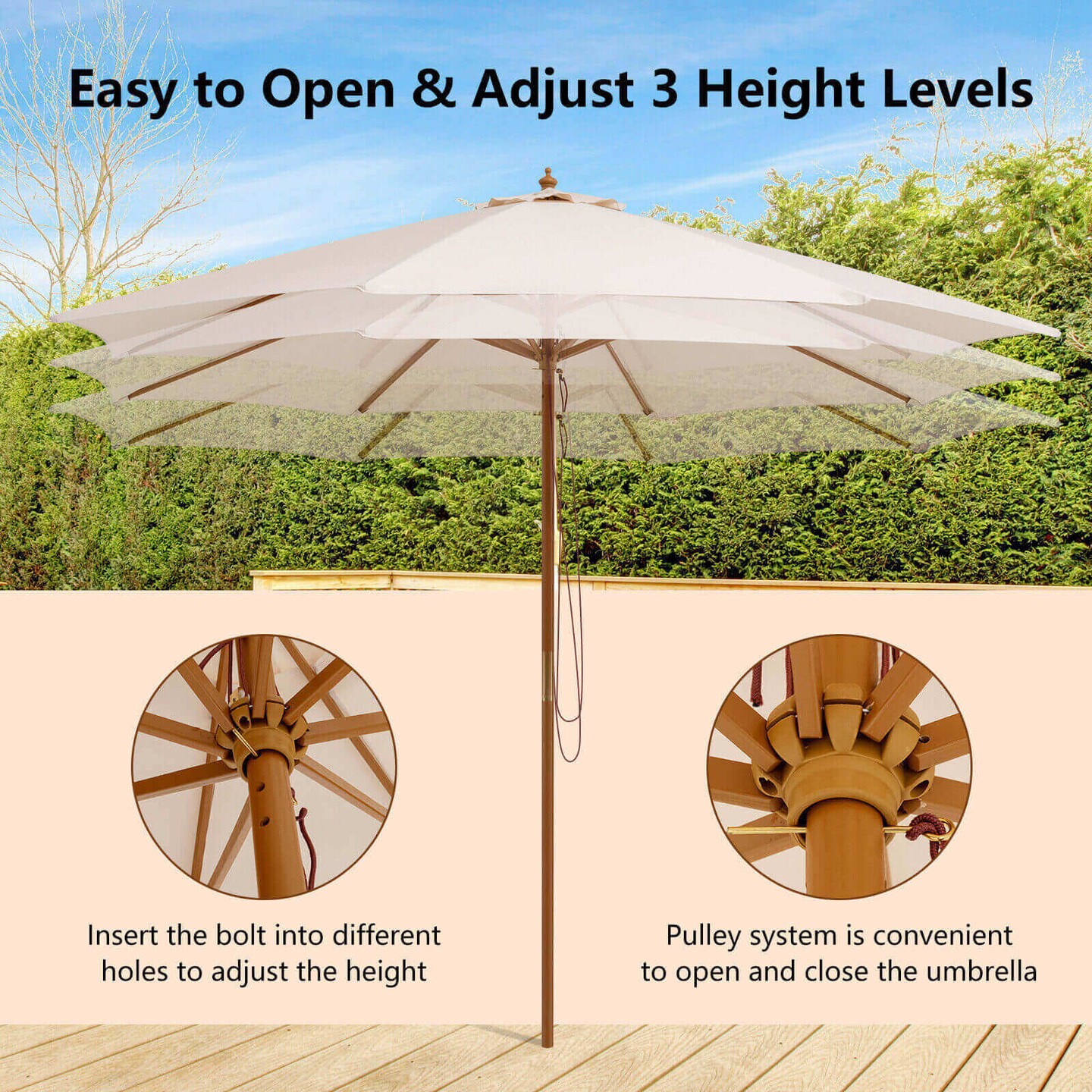 Beige Wooden Patio Umbrella 10 Ft Rope Pulley Adjustable Vented Canopy Outdoor