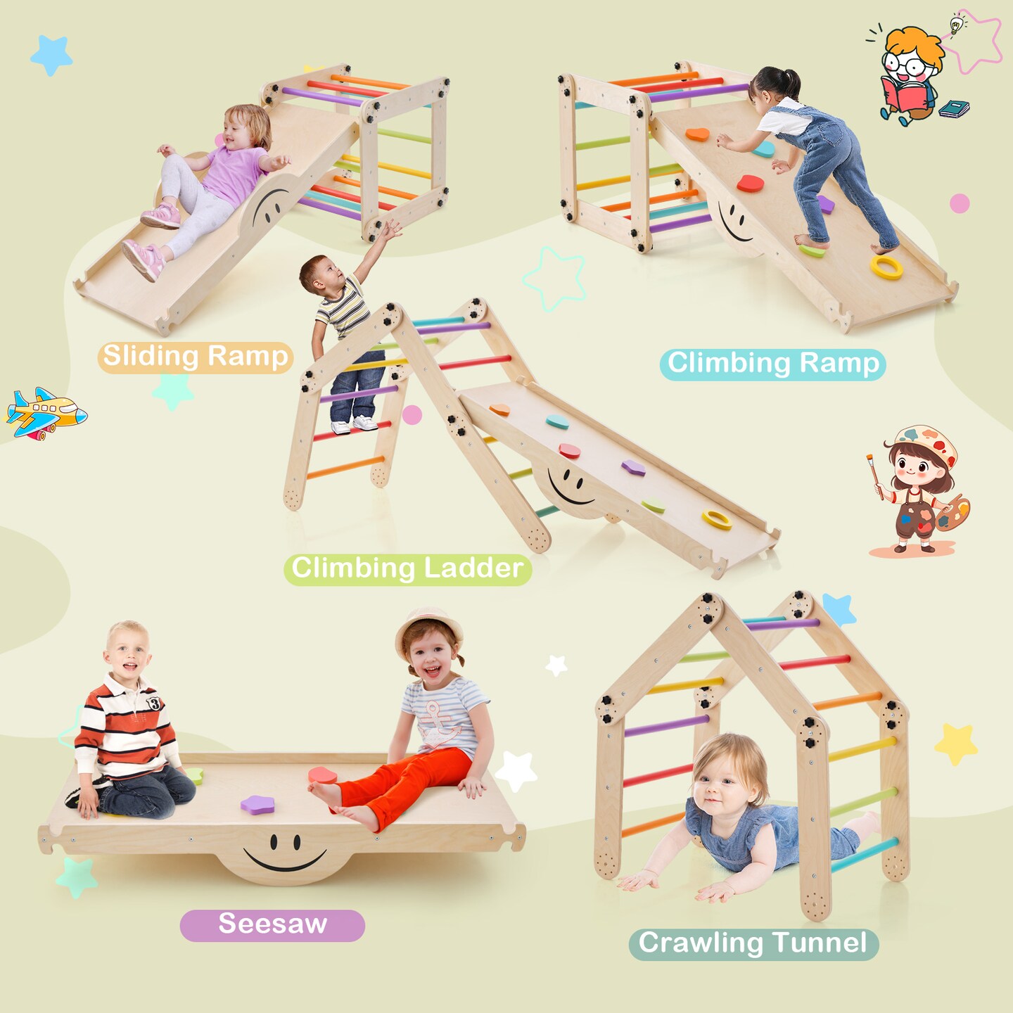 Climbing Triangle Ladder Toy Indoor Jungle Gym With Reversible Ramp-multicolor