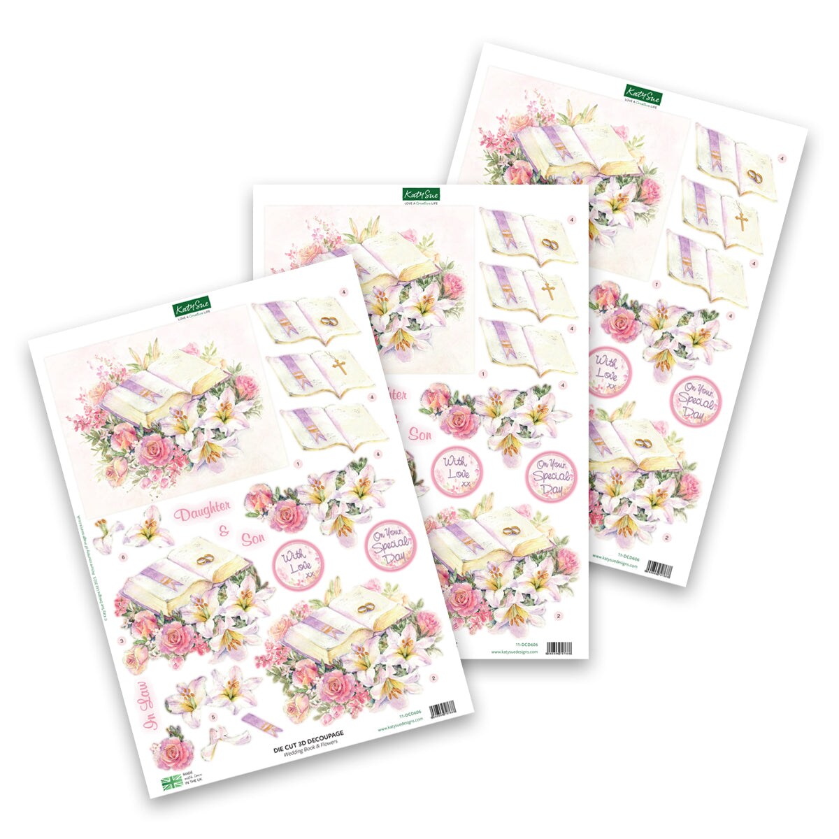 Katy Sue Die Cut Decoupage &#x2013; Wedding Book &#x26; Flowers (Pack Of 3)